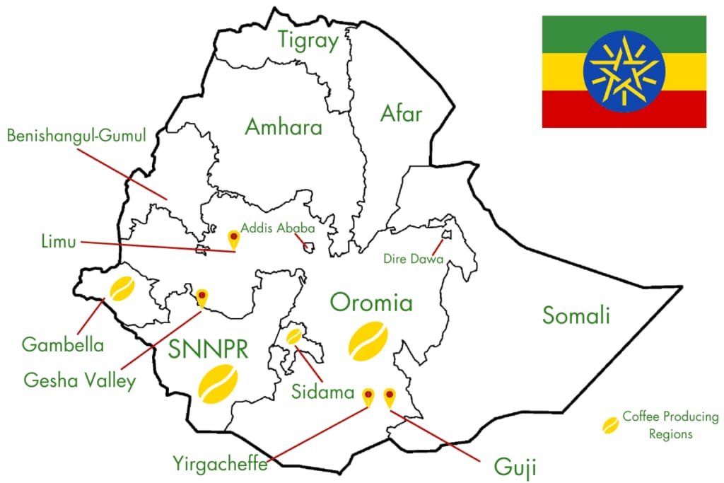 Map of Ethiopian coffee producing regions
